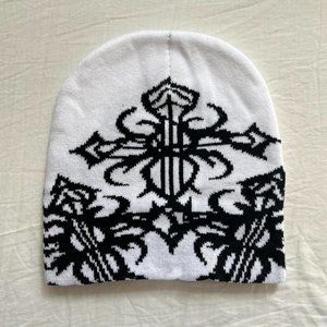 Y2K 2000s grunge gothic punk cross cozy white and black beanie